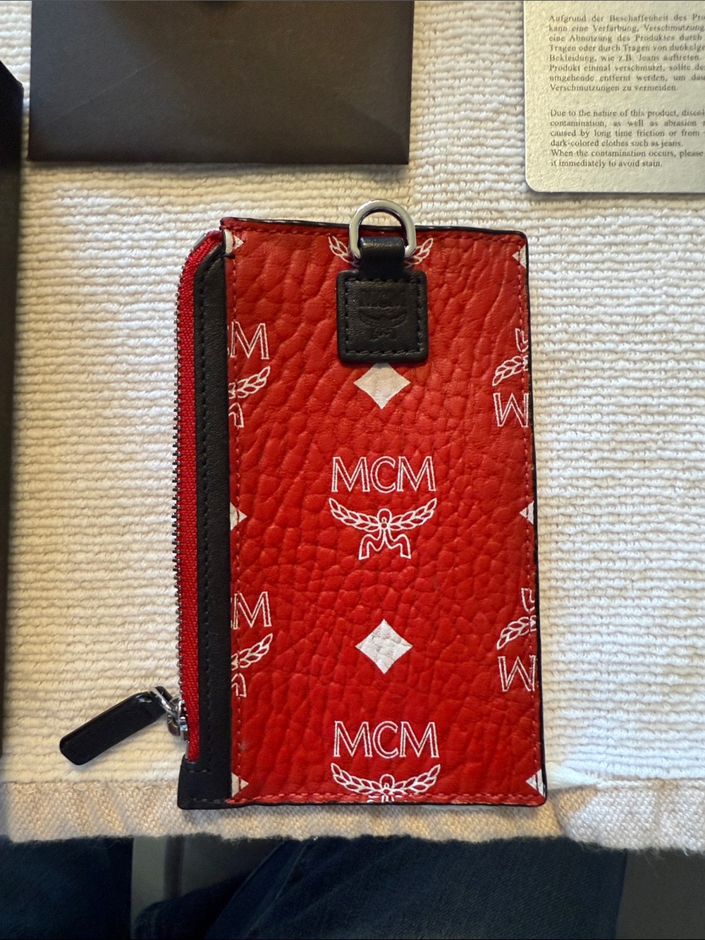 MCM Red Cardholder with Black Zip Trim and Logo Print